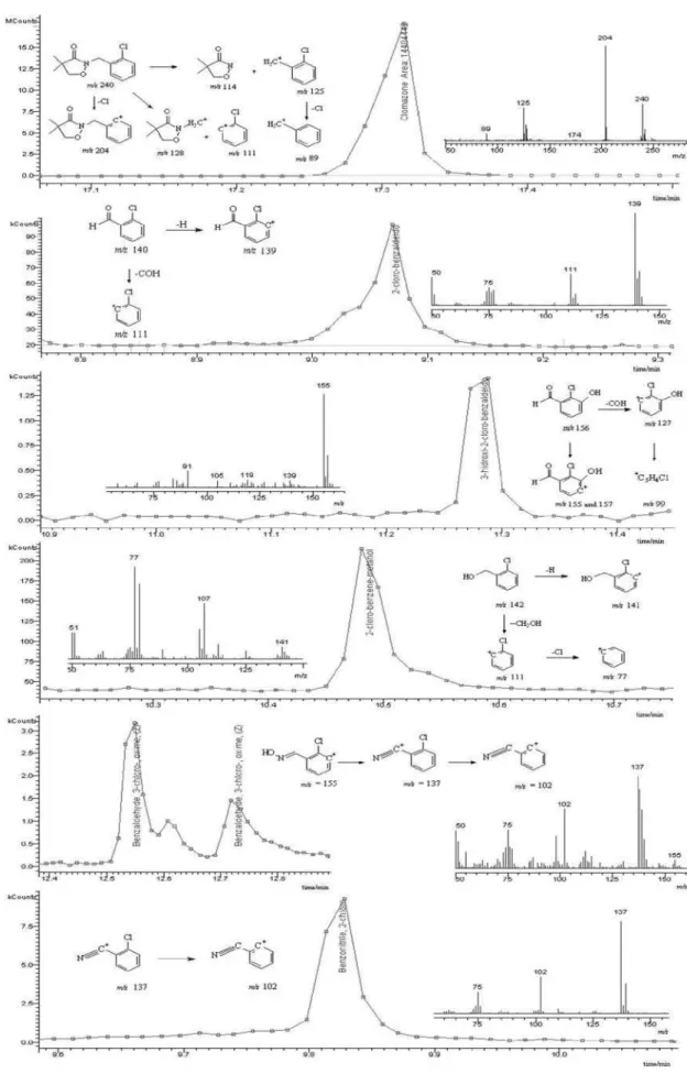 Figure 5. Chromatographic signals, datapoints, spectra, masses and fragmentation suggested for clomazone and identified by-products.