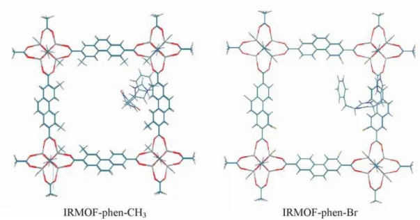 Figure 6. The molecular structures of the (g + ,50) conformer within the IRMOF-phen-CH 3  and IRMOF-phen-Br.