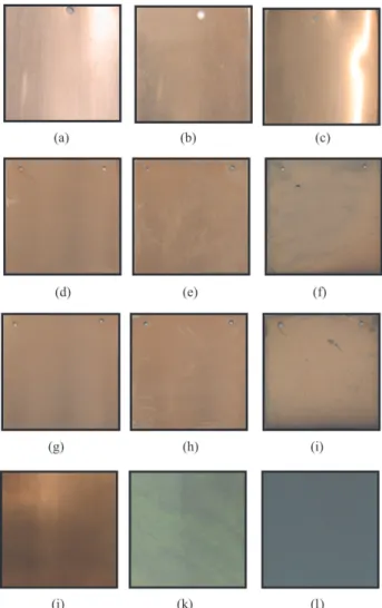 Figure 1 shows the appearance of the copper coupons  surfaces  after  exposure  during  21  days  to  different  conditions of pollutant concentration and relative humidity