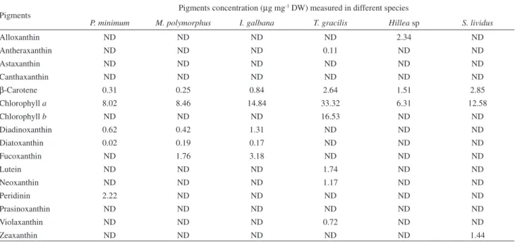 Table 3. Quantiication of the pigments present in algae measured by comparison to external standards using HPLC-DAD (445 nm)