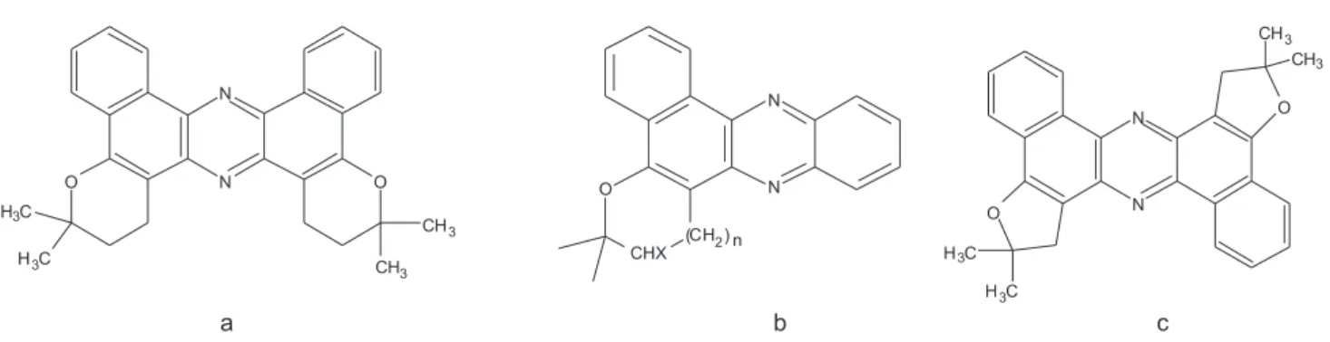 Figure 1. Molecular structures; a) DPZ6c, b) PZ5 (n = 0, X = H), and PZ6Br (n = 1, X = Br), and c) DPZ5t.