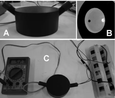Figure 2. The relectometer made in the laboratory: A – general external view; B – under view showing the relecting chamber, the LED (light emitter  diode) and the LDR (light dependent resistor); C – The relectometer connected to the multimeter, measuring r