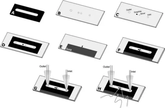 Figure 1 shows the fabrication process of the microcell  using a gold film as working electrode, graphite composite  as  counter  electrode  and  silver  composite  as   pseudo-reference  electrode