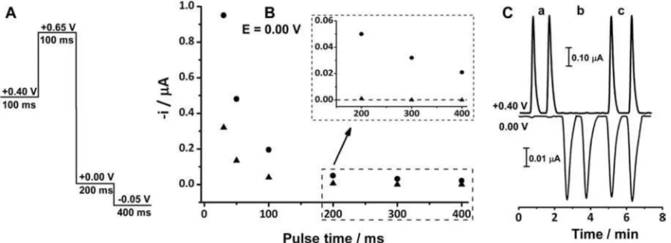 Figure 2C shows the amperograms obtained at +0.40 V  and  0.00 V  for  duplicate  injections  of  three  solutions  with  different  compositions