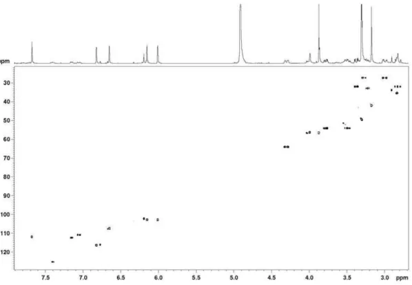 Figure S14.  1 H- 13 C one-bond correlation map from the HSQC NMR experiment on cassythicine in MeOD-d 4  at 400 and 100 MHz.