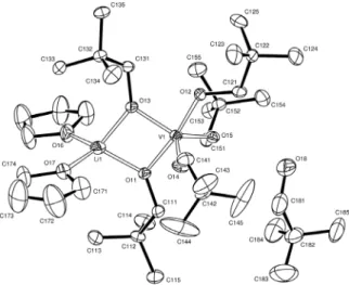 Figure 4.  One  of  the V-Li  complex  molecules  (2)  with  its  NepOH  neighbour. Thermal ellipsoids are drawn at the 50% probability level.