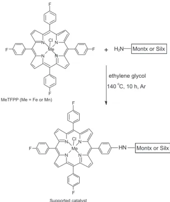 Figure  2.  Anchoring  of  the  MePs,  where  Me  =  Mn  or  Fe  on  aminofunctionalized supports, by covalent binding.