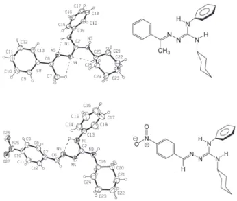 Figure 1. Crystal structures of 2a (top) and 2c (bottom). Displacement  ellipsoids are drawn at the 30% probability level and H atoms are shown  as spheres of arbitrary radii