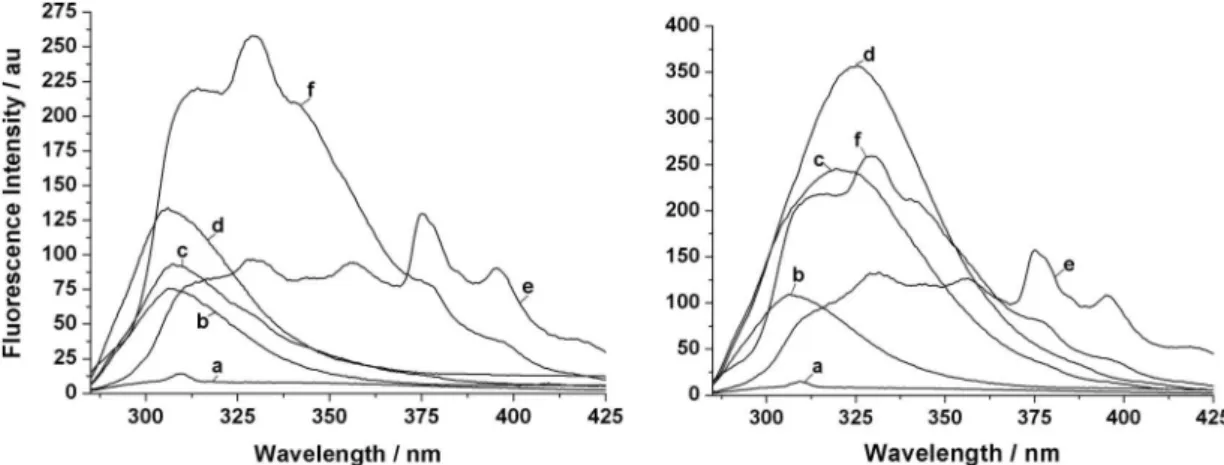 Figure 8. Fluorescence changes of L (50 µmol L –1 ) in different solvents at 298 K in the absence (left) and presence (right) of Zn 2+  (50 µmol L –1 )