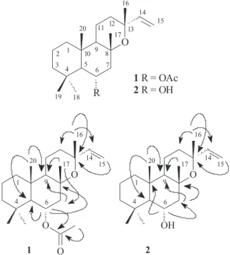Table  2.  1 H  and  13 C  NMR  spectral  data  for  compounds 1  and  2,  in  CDCl 3 a Atom 1 2 d C d H d C d H 1 39.0 1.56, 0.88 39.2 1.53, 0.88 2 18.4 1.56, 1.43 18.5 1.61, 1.45 3 43.6 1.39, 1.22 43.8 1.38, 1.25 4 33.5 - 33.9  -5 59.1 1.32 61.9 1.04  6 