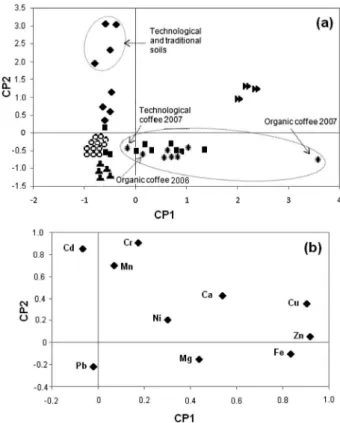 Figure 1. Plots of PCA (a) scores for coffee, leaf and soil samples (b)  loadings: Coffee (  ); Leaf (  ); Soil EPA extraction (  ); Soil Mehlich  extraction (  ); Fertilizers (  ); Organic residue ( ).