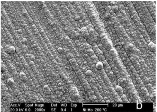 Figure 8. SEM micrographs of Ni-13Mo coating annealed at 100 °C (a), 200 °C (b), 400 °C (c) and 600 °C (d) and of the Cr coating annealed at 100 °C (e).
