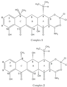 Figure  1.  Proposed  structures  for  compounds  1,  [PtCl 2 (dox)],  and  2,  [PtCl 2 (tc)].8899 1010 77 66 121255 11 22 3344OHOHOOH COOCH3 NH 2 O PtDCBA11 Cl ClNCH3H3CH+HO88991010776612125511223344OHOHOOHCOOCH3NH2OPtDCBA11Cl ClOHNCH3H3C+HComplex 1Comple