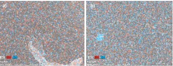 Figure S1. SEM images showing qualitative EDX mapping for ZnO/poly-{trans-[RuCl 2 (vpy) 4 ]/sty} nanocomposites prepared by ex situ (a) and in situ (b)  methods.