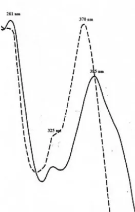 Figure  2.  UV  spectra  of  kaempferol  7-methyl  ether.  MeOH  ( ___ )  and  (- - -) MeOH + NaOMe.