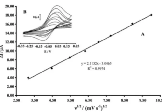 Figure  3.  (A)  Cyclic  voltammograms  of  200.0  µmol  L –1   benserazide  at various scan rates; a) 10; b) 20; c) 30; d) 40; e) 50, f) 60, g) 80 and   g) 100 mV s –1  in 0.04 mol L –1  buffer solution (pH 10.0) and 0.1 mol L –1 KCl