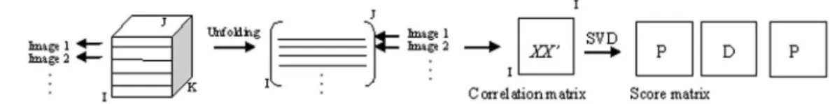 Figure 1. The unfold matrix X obtained from multivariate image X, correlation matrix creates (XX’), score vectors calculated from SVD on the correlation matrix