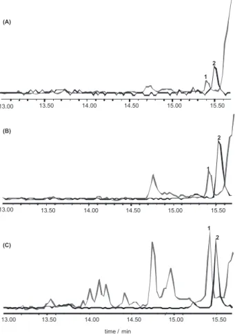 Figure 4. Mass chromatograms m/z 200 for atrazine standard (2) and (A)  Manguaba, sample 210 (1); (B) Mundaú, sample 404 (1); (C) Mundaú,  sample 408 (1).