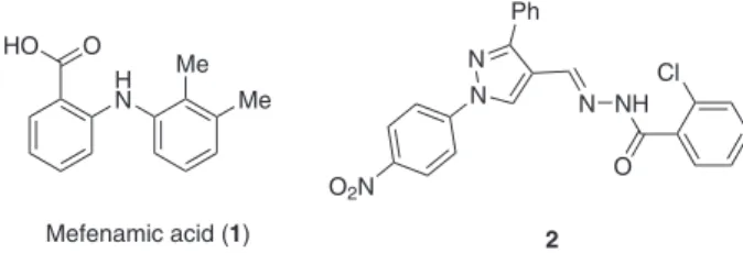 Figure  1.  Mefenamic  acid  (1)  and  substituted  hydrazone  (2)  of  pharmacological interest.HOOHNMe MeMefenamic acid (1) N N Ph N NHO ClO2N2