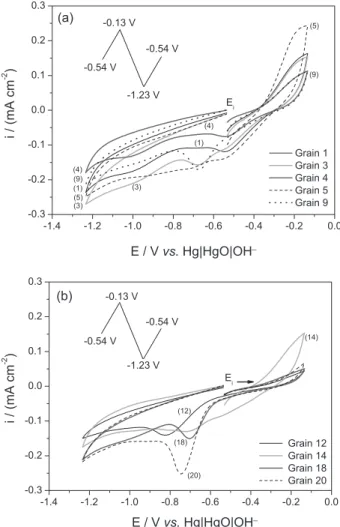 Table 3. Current densities at −0.13 V/Hg/HgO/OH −  (reversal potential) and  ρ hkl  values for single grains of polycrystalline Cu-16(wt.%)Zn-8(wt.%)Al   alloy