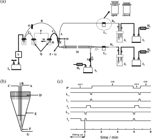 Figure 1. (a) System for CMDS-CE-C 4 D analysis of gaseous compounds: (A) electrolyte inlet at 300 µL min -1  flow rate; (B) silica capillary (75 µm I.D.,  65 cm long); (C 1 ) and (C 2 ) polypropylene tubing (0.8 mm I.D., 20 cm long) with CE-C 4 D electrol