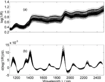Figure 3. (a) Original and (b) derivative spectra of the wheat samples.