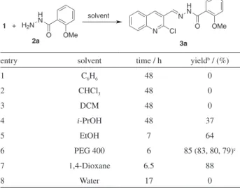 Table  1.  Effect  of  solvent  on  the  reaction  of  2-chloro-3-quinoline  carboxaldehyde (1) with benzohydrazide (2a) a