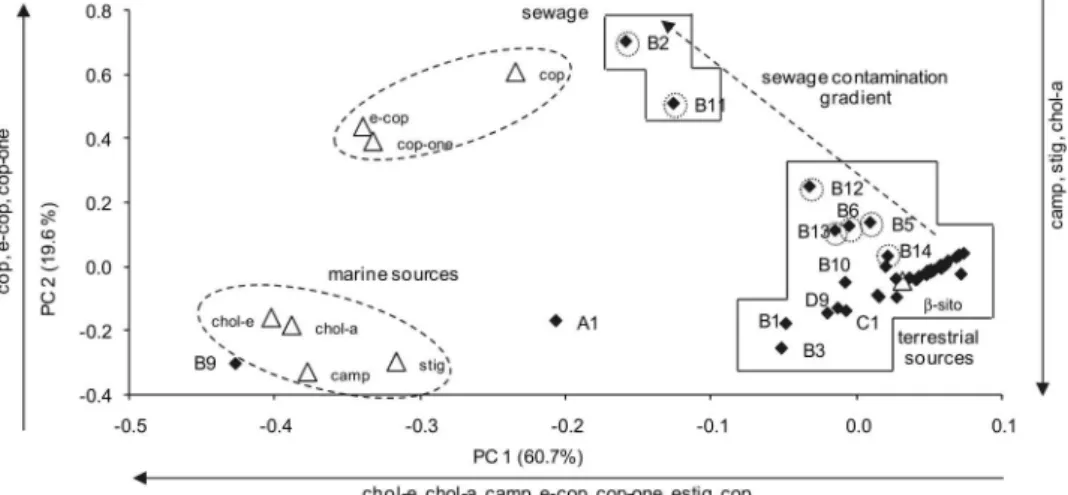 Figure 4. Principal component analysis between analyzed sterols for the sediments collected on the Paranaguá Bay
