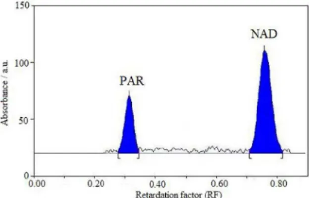 Figure 3. Representative chromatogram of mixed standard solution of  NAB (100 ng per band, R f  = 0.78 ± 0.03) and PAR (100 ng per band,  R f  = 0.32 ± 0.03).