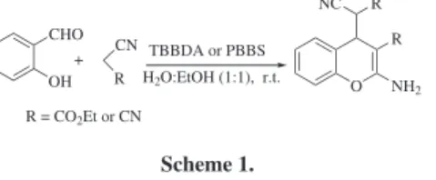 Table 1. Synthesis of various 4H-chromenes using TBBDA and PBBS at room temperature