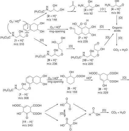 Figure 5. Mechanism proposed for nadolol (NAD) degradation by ozone based on ESI-MS(/MS) data (lower mass products).[1 + H]+m/z 310[2 + H]+m/z 148[3 + H]+m/z 92[4 + H]+m/z 90[7 + H]+m/z 235[10 + H]+m/z 220[9 + H]+m/z 236OrganicacidsCO2 + H2Oring-opening[O]