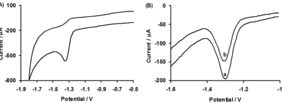 Figure 4. (A) Cyclic voltammogram of 1 mmol L -1  DEL, scan rate 0.1 V s -1 ; (B) Differential pulse stripping voltammogram of 100 µg L -1  DEL (a) conventional  (b) real sample at pH 13.