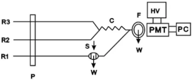 Figure 1. Schematic diagram of FIA system, R1: H 2 O, R2: acidic Ce(IV),  R3: Ru(II), P: peristaltic pump, S: injection valve, C: reaction coil, F: low  cell, W:  waste,  HV:  high  voltage  power  supply,  PMT:  photomultiplier  tube, PC: computer.