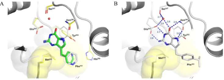 Figure 4. Proposed binding mode of SmPNP inhibitors according to FlexX. A) Overlay of the best solution found for compound 7 onto its crystallographic  pose (RMSD = 1.28 Å)