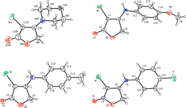 Figure 1. Ortep 12  representations of 3a (top left), 3c (bottom left), 3e (top right), and 3g (bottom right)