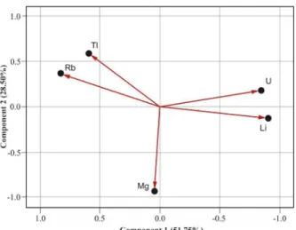Figure 2. Scatter plot of components 1 and 2 and respective loadings of  Mg, Rb, Tl, U, and Li