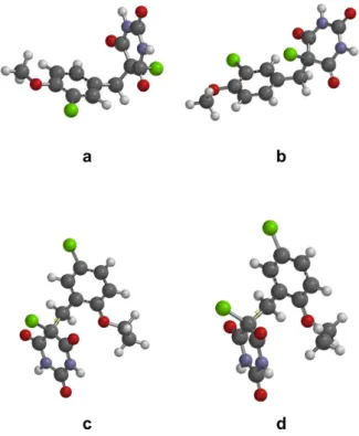 Figure 1. The two conformers of compounds 6b (a and b) and 6d (c and  d) calculated with B3LYPP 6-311G(d), where conformers a and c are the  most stable for each compound.