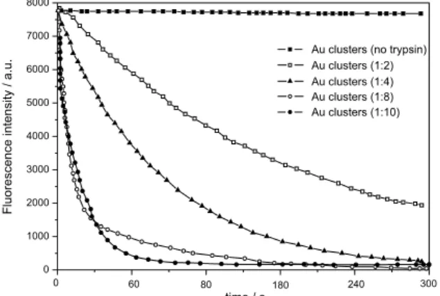 Figure 4. Fluorescence decay of BSA-Au clusters with variable amounts  of trypsin.
