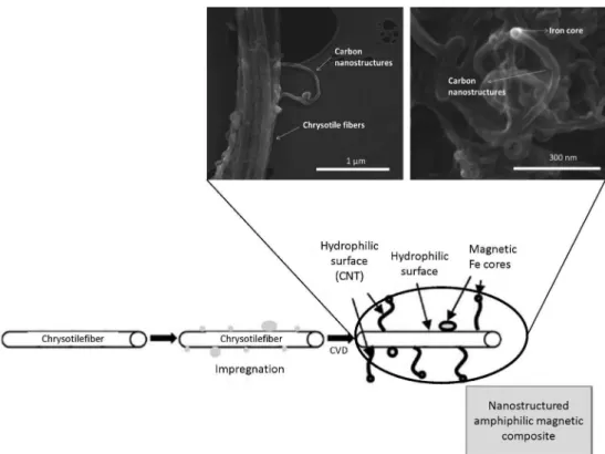 Figure 16. Representation of impregnation and synthesis of magnetic amphiphilic composites based on chrysotile/iron/carbon (adapted from reference 55).