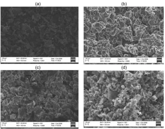 Figure 1. SEM images of the paste electrodes with different compositions: carbon paste containing (a) graphite, (b) graphite + mineral oil, (c) graphite +  mineral oil + ascorbic acid and (d) graphite + mineral oil + ascorbic acid + MWCNT.