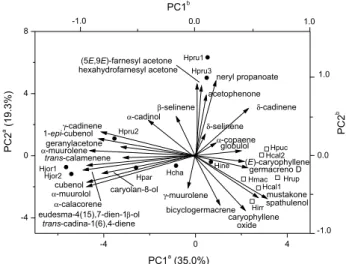Figure 1. PCA biplot of Hypenia species essential oil, according to the  clusters they belong to: I (  ); II (  )