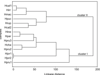 Figure 2. Dendrogram representing similarity relationships among  Hypenia species based on essential oil constituents, according to the  clusters they belong to: I and  II