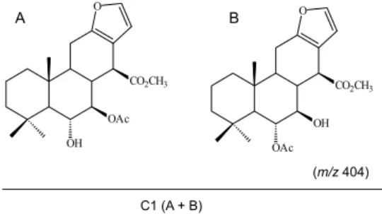Figure 1. Isomers molecular structures that constitute the mixture  denominated sample C1; A)  6α-hidroxy-7β-acetoxy-vouacapan-17β-oate methyl ester and B) 6α-acetoxy-7β-hidroxy-vouacapan-17β-6α-hidroxy-7β-acetoxy-vouacapan-17β-oate  methyl ester