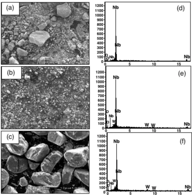 Figure 4. Scanning electron microscopy of the samples and EDS analysis for pure Nb(a) and (d), NbW (b) and (e), NbW//H 2 O 2  (c) and (f).