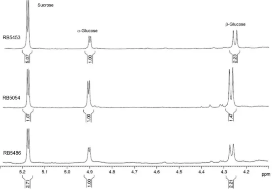 Figure 4. Expansion of the  1 H NMR spectra in solution showing the anomeric signals from sucrose and glucose for the sugarcane cultivars RB5453,  RB5054 and RB5486.