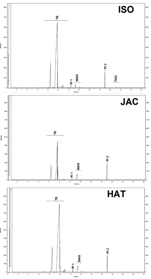 Figure 2. Typical GC-FID chromatograms after “methylation” by the ISO 14  basic catalysis methods or by the Joseph &amp; Ackman, (JAC) 15  or Hartman &amp; 