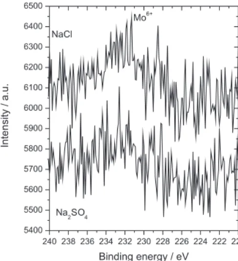 Figure 10. SEM images obtained after cycling in 0.1 mol L -1  NaCl and  0.1 mol L -1  Na 2 SO 4  solutions (5 mV s -1 ), magnification of 15000 ×.