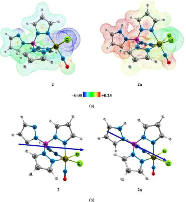 Figure S1. (a) Electrostatic potential surfaces V(r) of complexes 2 and 2a mapped on electron density isovalue = 0.005 a.u., in which regions of attractive  potential appear in blue and those of repulsive potential appear in red
