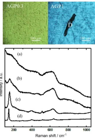Figure 2. Optical micrographs of AGP0.3 and AGP1 samples and Raman  measurements from: (a) AGP0.3, (b) and (c) AGP1 and (d) black particle  marked as D on AGP1 image.