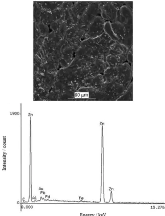 Figure 1. Initial SEM image and EDX spectrum of the galvanized steel  (500 ×).